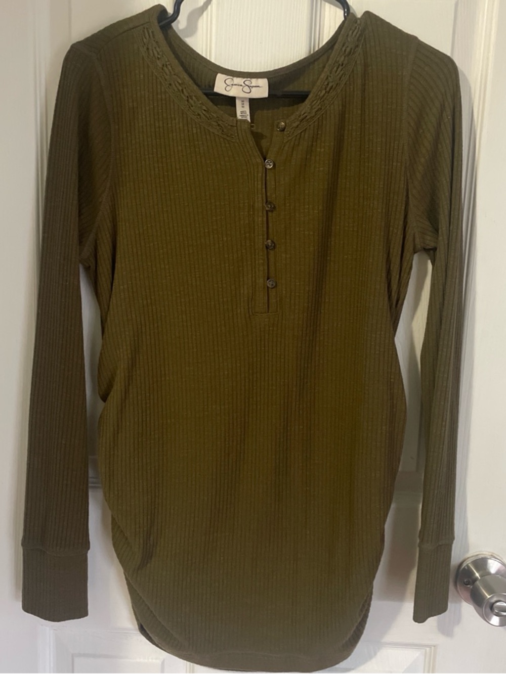 Jessica Simpson Olive Ribbed Henley Long Sleeve Top
